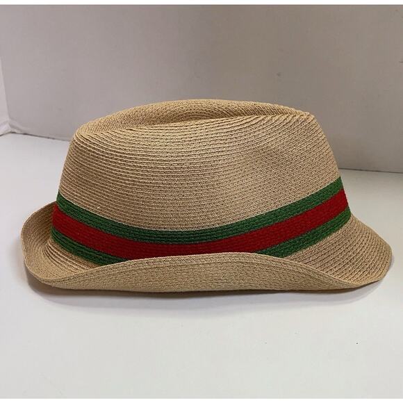 AUTH GUCCI Straw Fedora Hat Red Green Web Stripe Unisex Size Medium - Picture 3 of 9